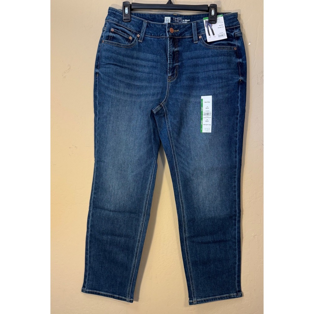 Time and‎ Tru Straight Leg Jeans Women 14 Short Blue Mid-Rise Stretch Denim NEW